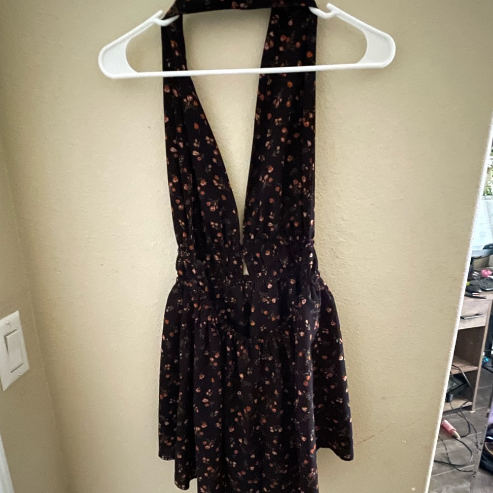 Black floral open-back romper